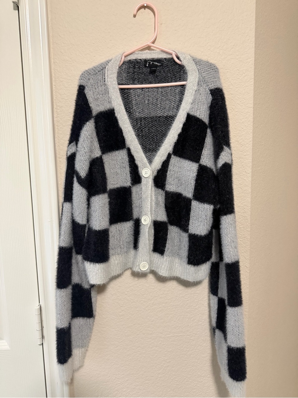 art class Black & Gray Checkered V-Neck Button Front Cardigan